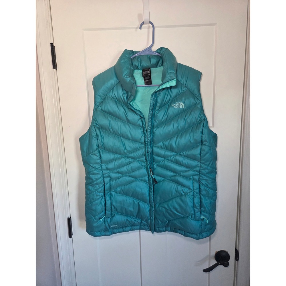 The North Face Womens 550 Down Puffer Vest Teal Blue XL Chevron Quilted